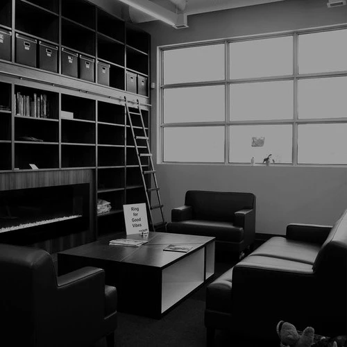 Library area with a fireplace, comfy seating, and large windows